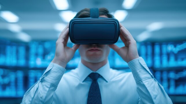 A man wearing a virtual reality headset stands in front of screens displaying data, suggesting immersion in a digital environment.