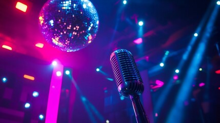Retro Microphone on Stage with Disco Ball and vibrant Lighting