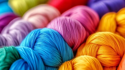 Close-up shot of vibrant colorful yarn balls, perfect for textile crafts and backgrounds