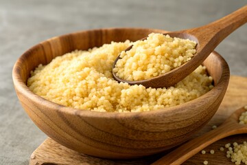 A wooden bowl of  dry couscous .