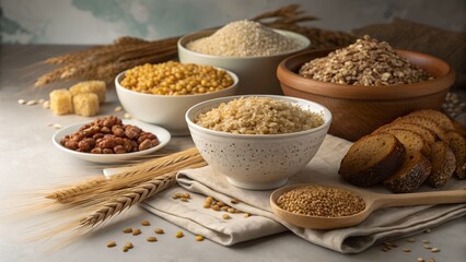 Rustic organic food background with dry couscous grains, dried carom seeds, 