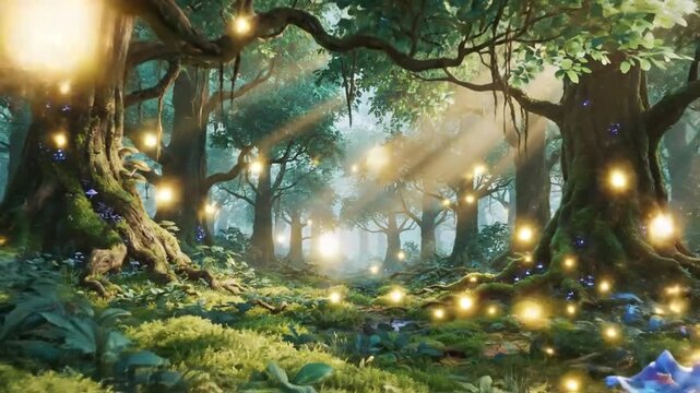 A lush green animated forest with glowing particles floating in the air. Dense foliage, moss covered ground