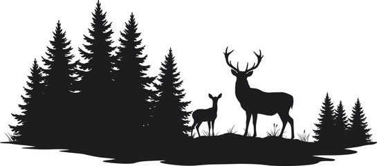 Deer silhouette forest scene, stag with antlers, woodland wildlife illustration, pine tree background, outdoor nature design, wild animals artwork, black silhouette