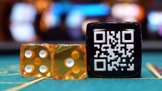 Three dice rest on a green felt surface. Two are transparent gold, the third, black, features a large white QR code. Bokeh background