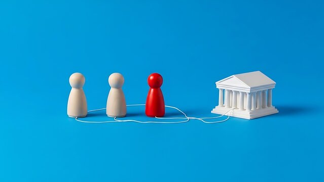 Conceptual representation of figures, including a central one, linked to an institutional building, symbolizing mediation, negotiation, and strategic relationships in finance or governmental sectors
