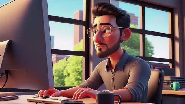 Engaged 3D Animated Man Working Diligently on Computer in Bright Modern Office Setting, Focused on Digital Tasks and Online Connectivity