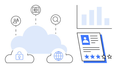 Cloud system connecting to profiles, analytics, search, media, global access, and security. Ideal for technology, data sharing, recruitment analytics collaboration digital transformation privacy
