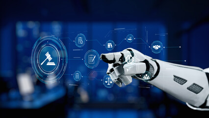 A robotic hand interacts with digital legal icons in a sleek office, illustrating the intersection...