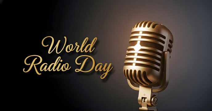 World radio day concept with vintage gold microphone on gradient - Powered by Adobe