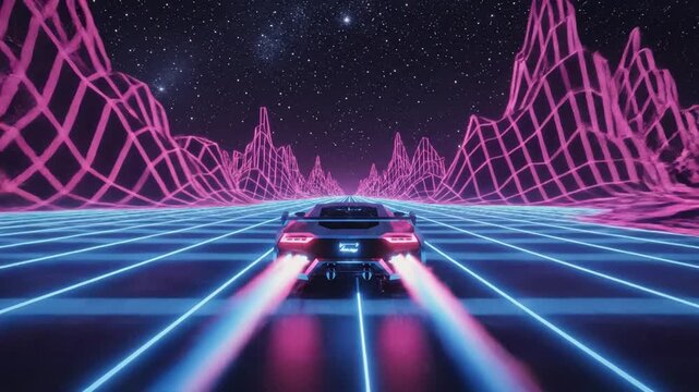 A retro futuristic car driving along an endless neon highway with glowing grid lines. Mountains made of polygon wireframes on each side, neon pink and electric blue light trails