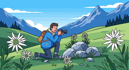 Enthusiastic photographer capturing alpine edelweiss amidst majestic mountain backdrop