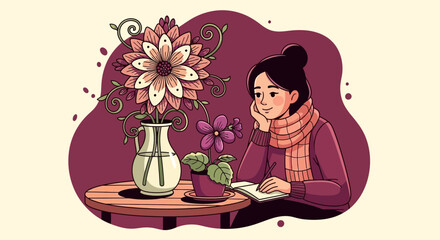 Creative inspiration: A young woman writing at a table with flowers vase