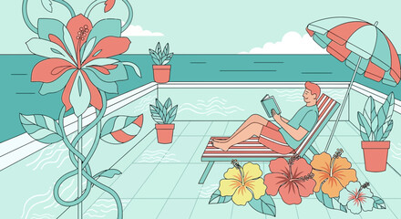 Leisurely afternoon reading by the pool with hibiscus and tropical flora