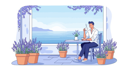 Mediterranean Morning: Man enjoys serenity with coffee and ocean view under lavender