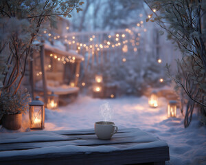 Steaming cup on snowy deck in winter wonderland, ideal for cozy seasonal designs, coffee shop promotions, and winter themed content.