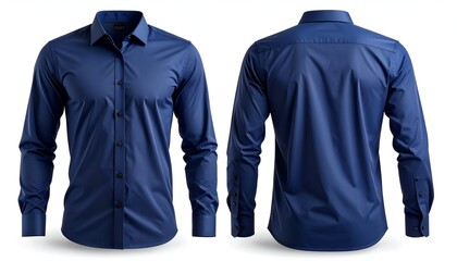 A front and back view of a blue button-down long-sleeved dress shirt against a white backdrop