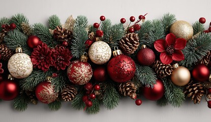 Stylish Christmas garland with red and gold baubles, pine cones, fir branches on white background, flat lay isolated composition for card and banner design
