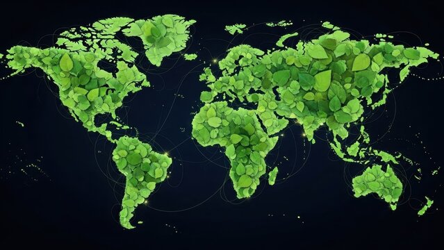 Planet Earth represented by vibrant green leaves on a dark background, symbolizing environmental sustainability, ecology, and global conservation efforts for a healthier future.