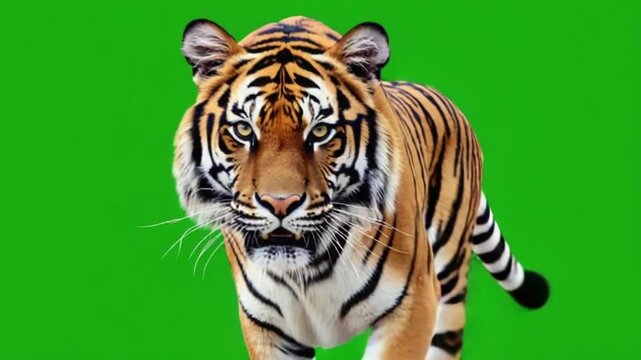 Tiger walking towards the camera with a green screen background in a studio setting view green screen cat video