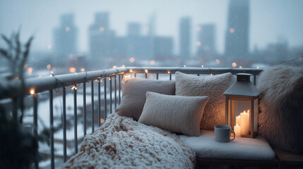 Snowy balcony with cozy decor and city view during a storm perfect for winter themed blog posts or holiday social media.