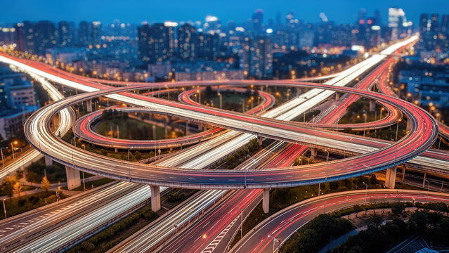 Highway traffic at night with illuminated vehicles creating light trails, showcasing a busy urban interchange with multiple lanes and overpasses, emphasizing the concept of congestion