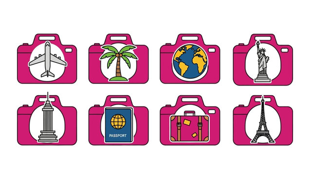 Creative illustration depicting travel destinations through camera icons arrangement