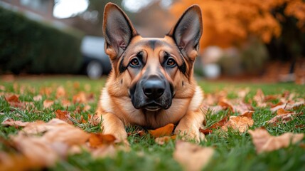 Obraz premium German Shepherd in autumn leaves