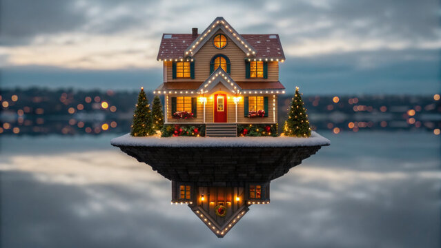 Christmas house with dark sky and weird floating island creates scary yet festive atmosphere with glowing lights - Powered by Adobe