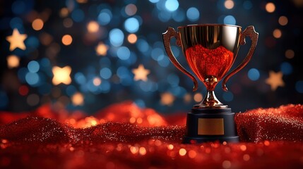 Gold trophy on red fabric, bokeh background