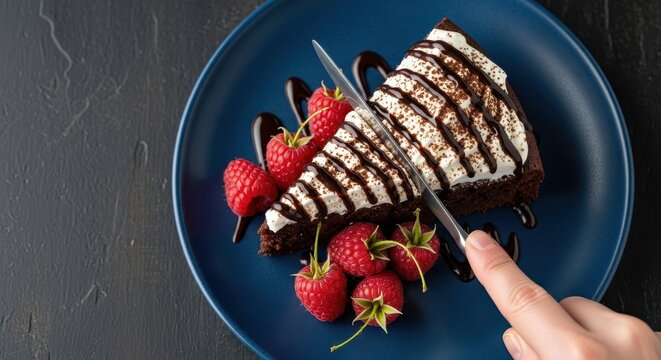 A delicious slice of cake with raspberries being cut with a knife