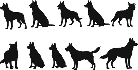 Dog silhouettes, canine poses, pet illustration, German Shepherd artwork, sitting dog, standing dog, walking dog, domestic animals, animal design, silhouette art