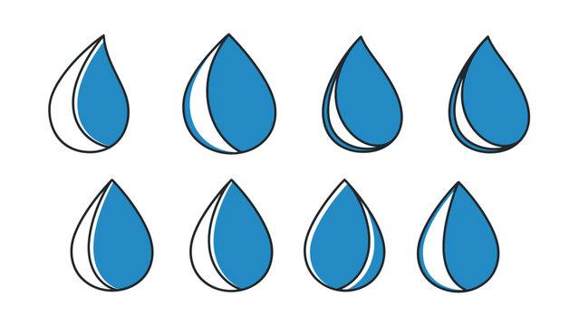 Graphic illustration showcasing water drops with varied shading effects in blue color