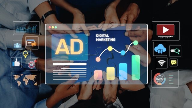 A diverse business team collaborates on a digital marketing strategy, utilizing charts and graphics to enhance their advertising campaign. The image reflects teamwork and innovation. Raster - Powered by Adobe