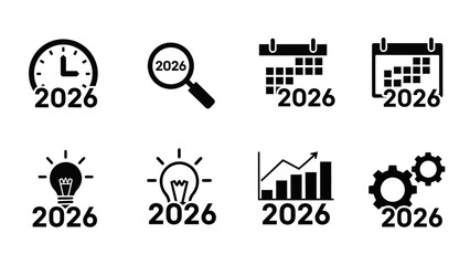 Illustrative representation of the year 2026 through icons, encompassing time, discovery and