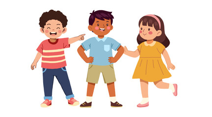 Happy children group. Cute diverse cheerful kids celebrating with Joyful excited kindergarten friends, little girls and boys. Flat graphic vector illustration isolated on white background