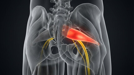 Piriformis Muscle Compressing Sciatic Nerve, A Detailed 3D Medical Illustration of Human Hip Anatomy, Explaining Sciatica Pain