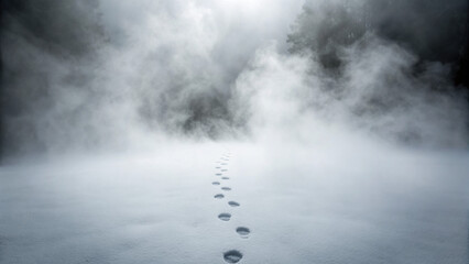 Christmas scary weird dark winter landscape with mysterious foggy forest and footprints in snow creating eerie and unsettling atmosphere
