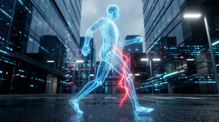 Advanced Digital Human Anatomy Displaying Severe Knee Pain While Walking Through a Modern City at Night, a Medical Concept