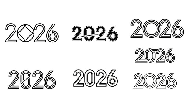 Set of creative 2026 new year designs showcasing different typography styles for graphic design