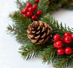 Christmas Pinecone and Red Berries with Evergreen Branches – Holiday Decoration Close-Up