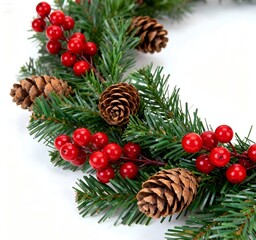 Christmas Pine Cones and Red Berries with Fir Branches - With a semicircle shape – Close-Up Holiday Decoration