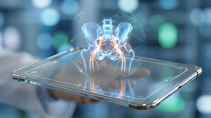 Medical Technology Displaying Human Anatomy, a Holographic Pelvis and Spine Projection on a Transparent Tablet for Diagnostics.