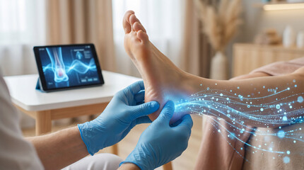 Physical Therapy Doctor Examines Patient's Foot, Utilizing Cutting-Edge Digital Technology for Precise Health Analysis