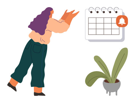 Woman interacting with a calendar featuring a reminder bell, complemented by a leafy potted plant. Ideal for time management, organization, workplace productivity, planning, personal growth