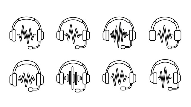 Various Line Art Headphone Icons with Sound Waves for Audio and Communication