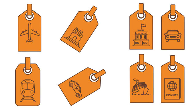 Travel theme luggage tags featuring hotel, car, cruise ship, plane, train and passport