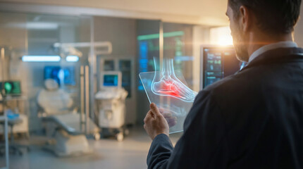 Medical Doctor Analyzing a Digital Foot Anatomy Scan with Pain Indication on a Transparent Screen, Utilizing Advanced Healthcare Technology in a Modern Hospital