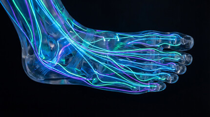 Intricate Neural Network Illuminates a Futuristic Human Foot, a Detailed View of Advanced Anatomy and Biological Systems.