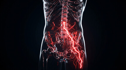 Sciatica Nerve Pain, a Vivid Red Lightning Bolt Illuminates the Human Spine and Leg, a Detailed Medical Anatomy Illustration.