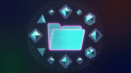 A glowing digital folder icon surrounded by abstract geometric shapes in a futuristic cyber setting. - Powered by Adobe
